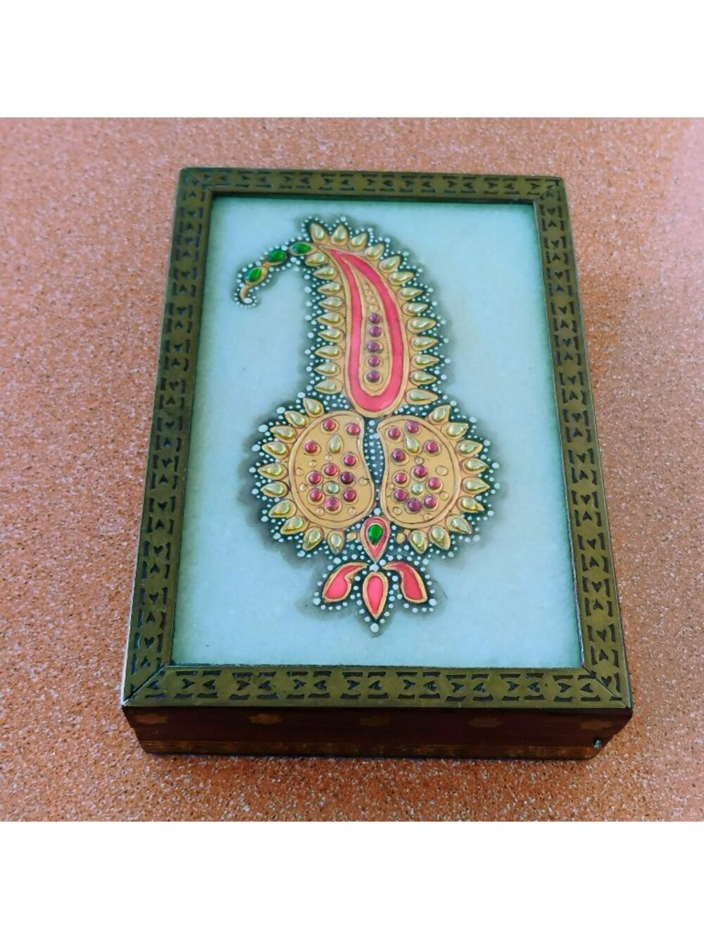 Vintage Indian Marble Painting Jewelry Box 7", Hand Painted, Blue Velvet, Boho